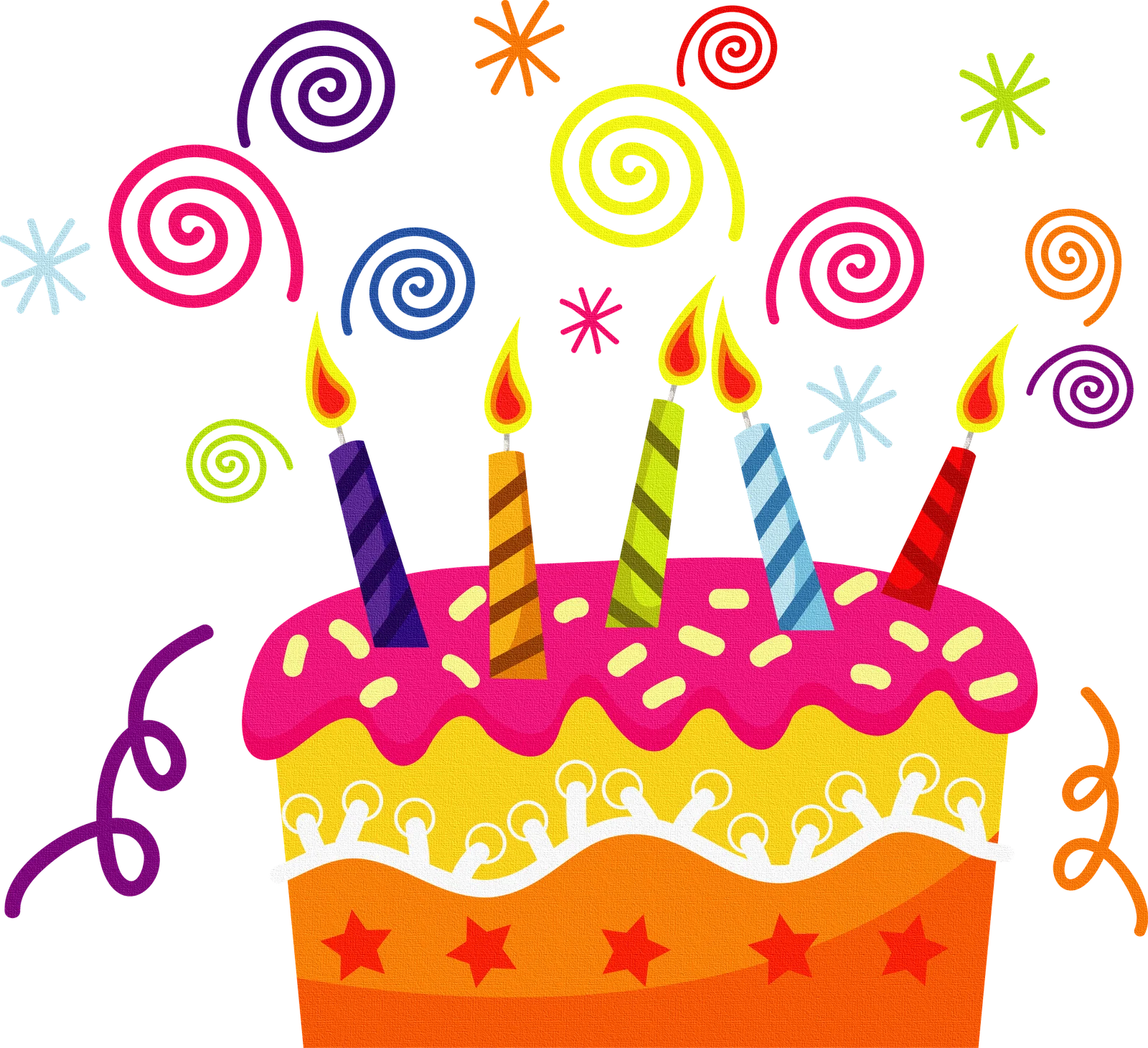 Festive Birthday Cake Clipart with Colorful Swirls and Burning Candles