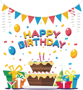 Festive Birthday Celebration Clipart with Cake, Balloons, and Presents