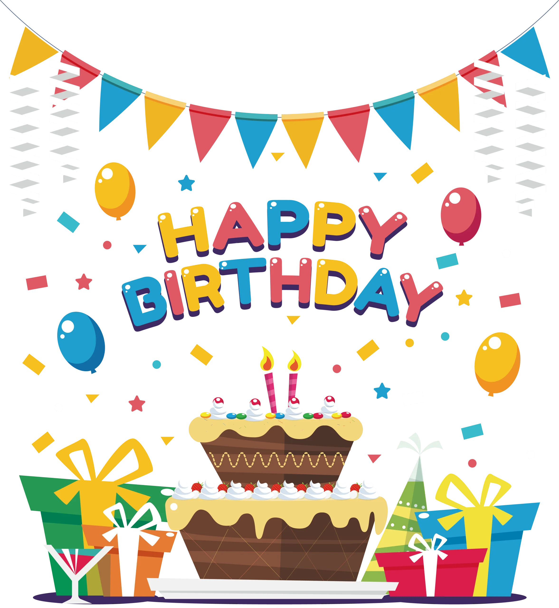 Festive Birthday Celebration Clipart with Cake, Balloons, and Presents