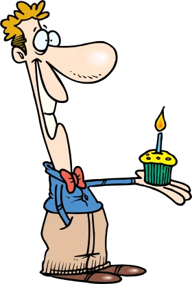 Quirky Birthday Clipart: A Lanky Cartoon Character Holding a Celebratory Cupcake