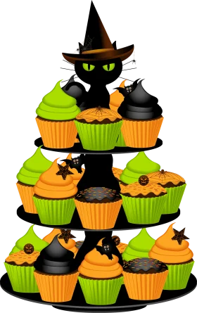 Spooky Halloween Witch Cat with Festive Halloween-Themed Cupcake Clipart Display