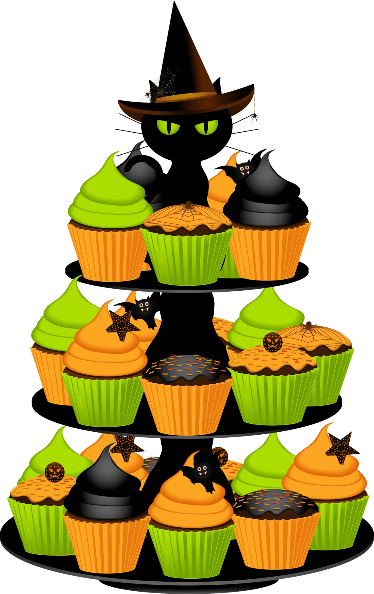 Spooky Halloween Witch Cat with Festive Halloween-Themed Cupcake Clipart Display