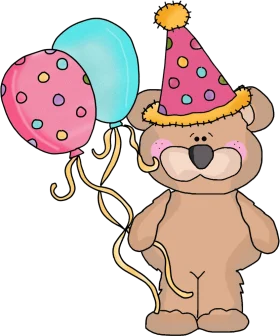 Whimsical Birthday Bear Clipart with Polka Dot Party Balloons and Festive Hat