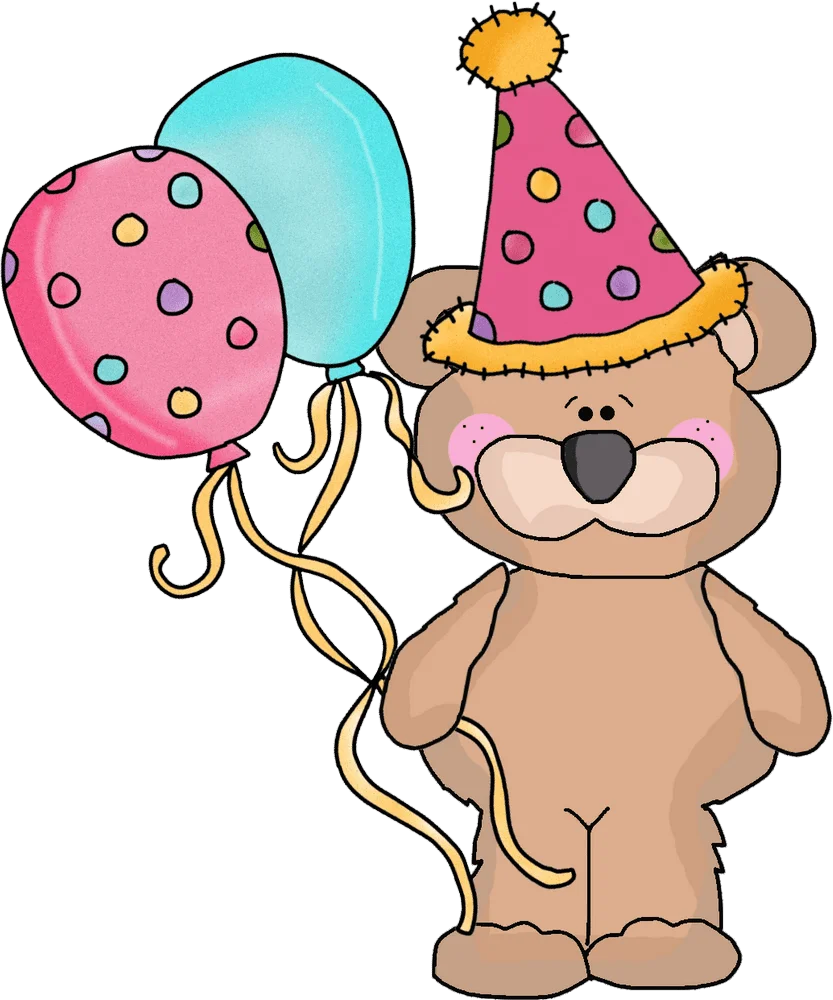 Whimsical Birthday Bear Clipart with Polka Dot Party Balloons and Festive Hat