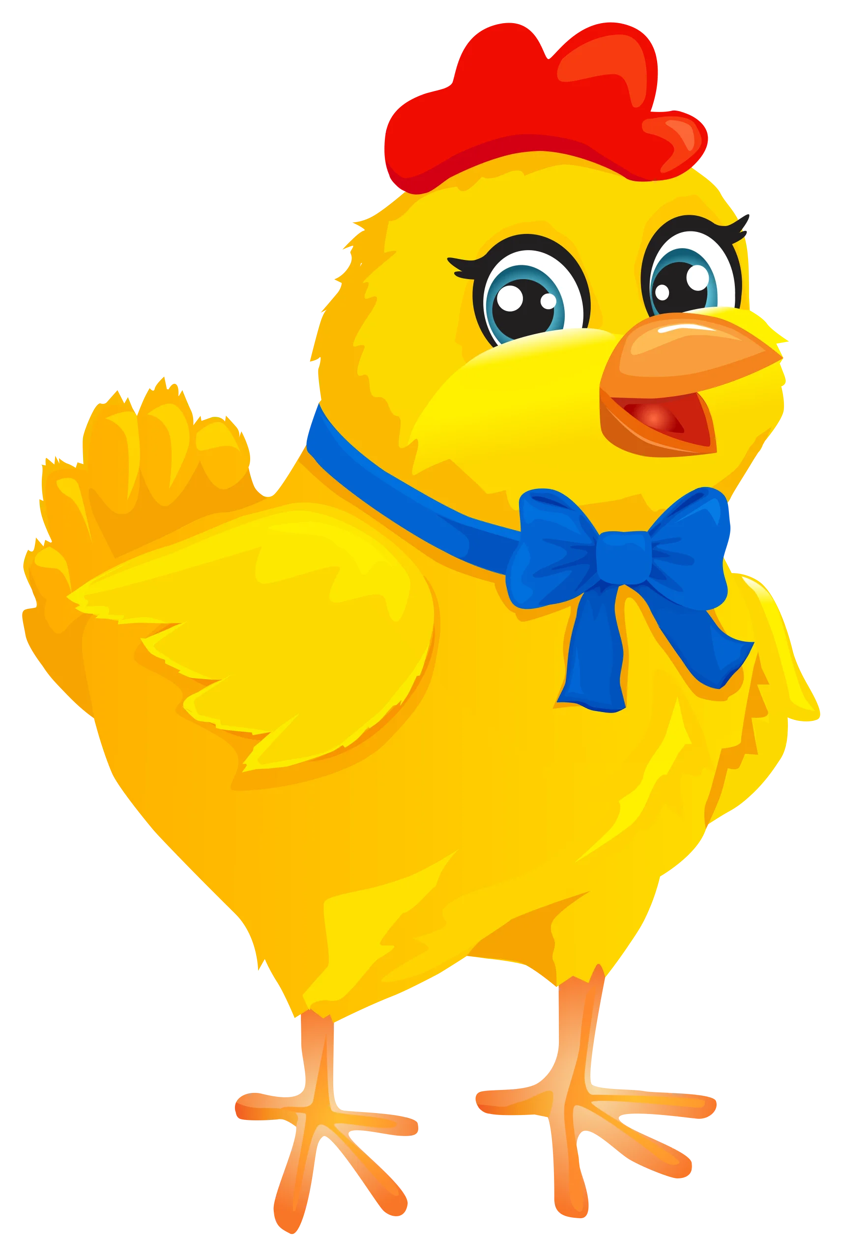Charming Cartoon Chicken Clipart with Adorable Blue Bow and Red Hat