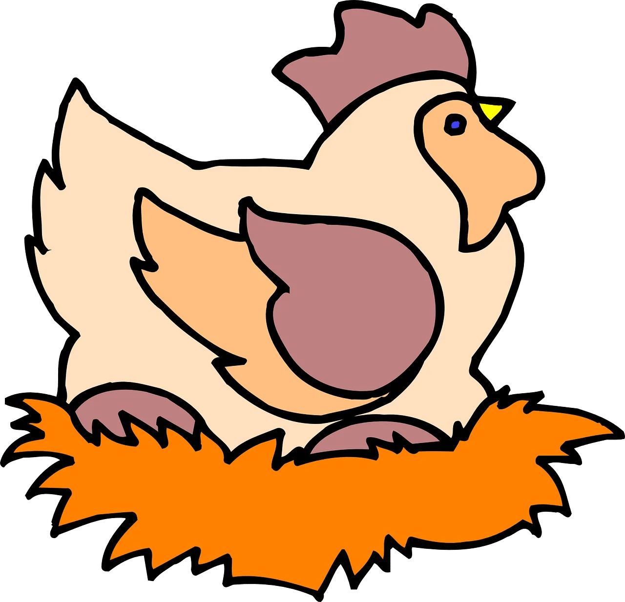 Charming Hen Sitting Comfortably on Cozy Orange Nest Cartoon Clipart Illustration