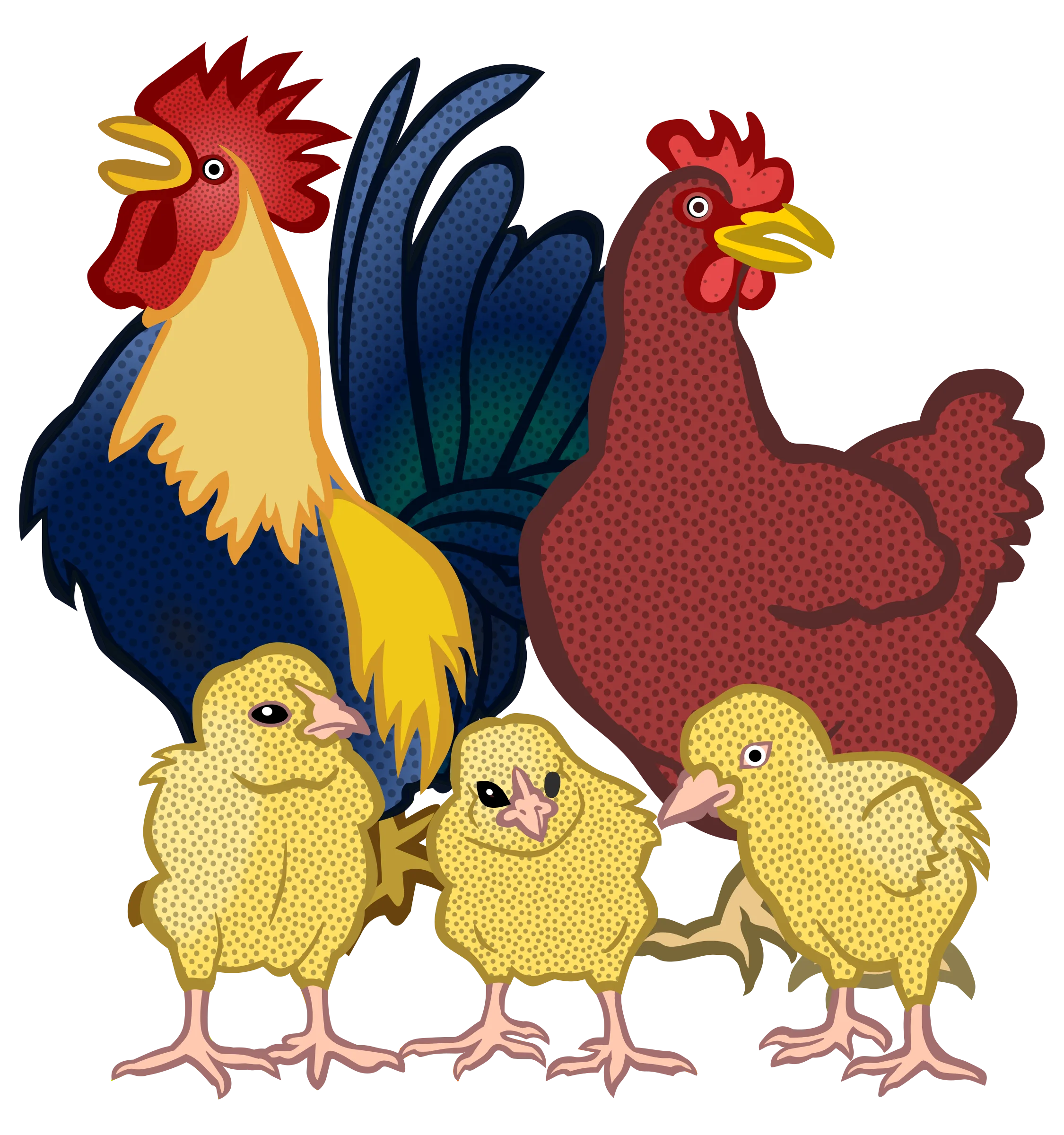 Cheerful Farm Family Chicken Clipart: Rooster, Hen, and Adorable Chicks