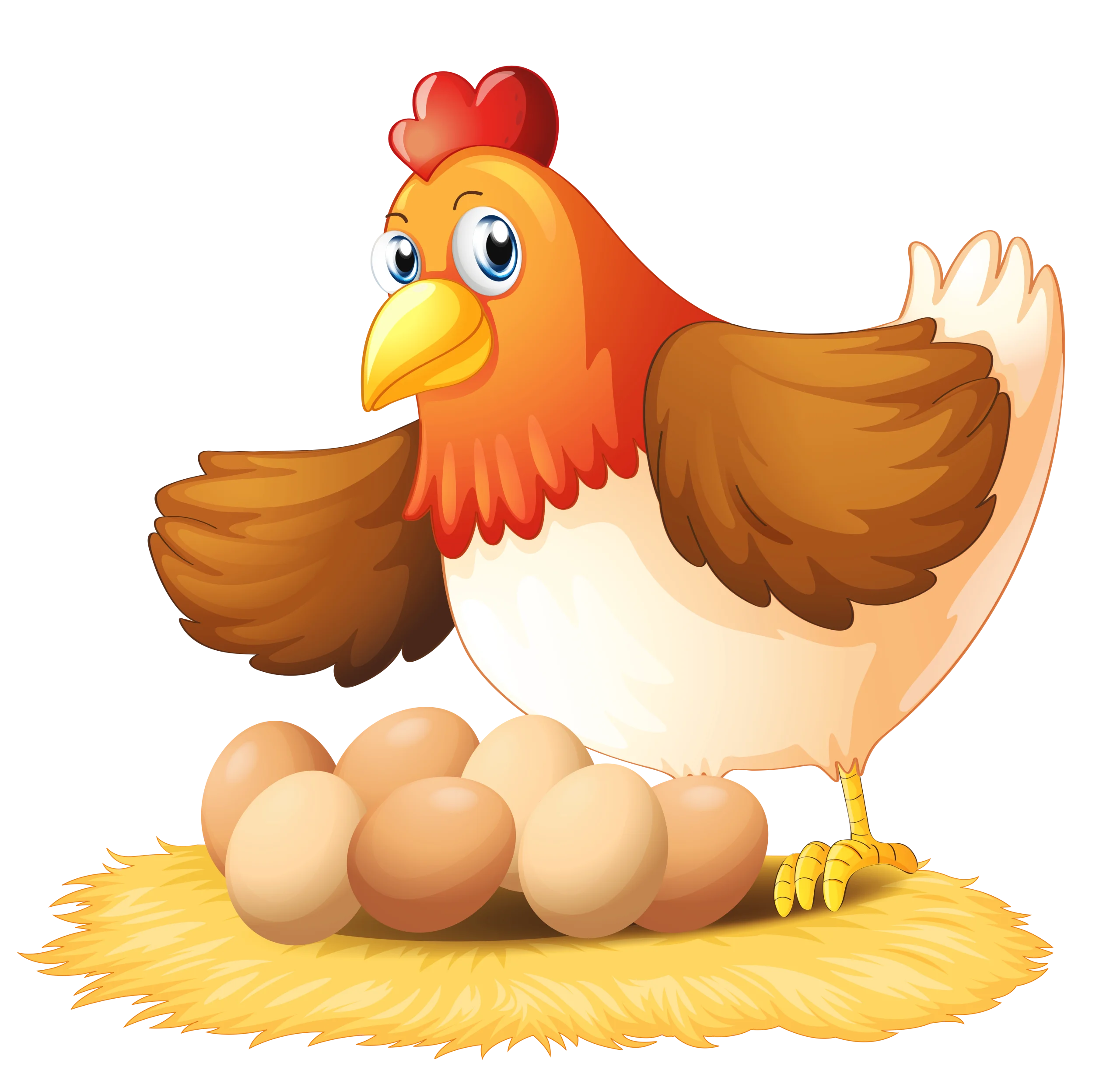 Cheerful Farmyard Hen Sitting Proudly on Nest of Fresh Eggs Cartoon Clipart