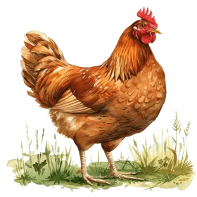 Rustic Farmyard Rooster Clipart: Detailed Watercolor Illustration of Hen