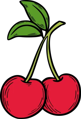 Classic Red Cherry Pair with Emerald Leaves - Delightful Fruit Clipart Design