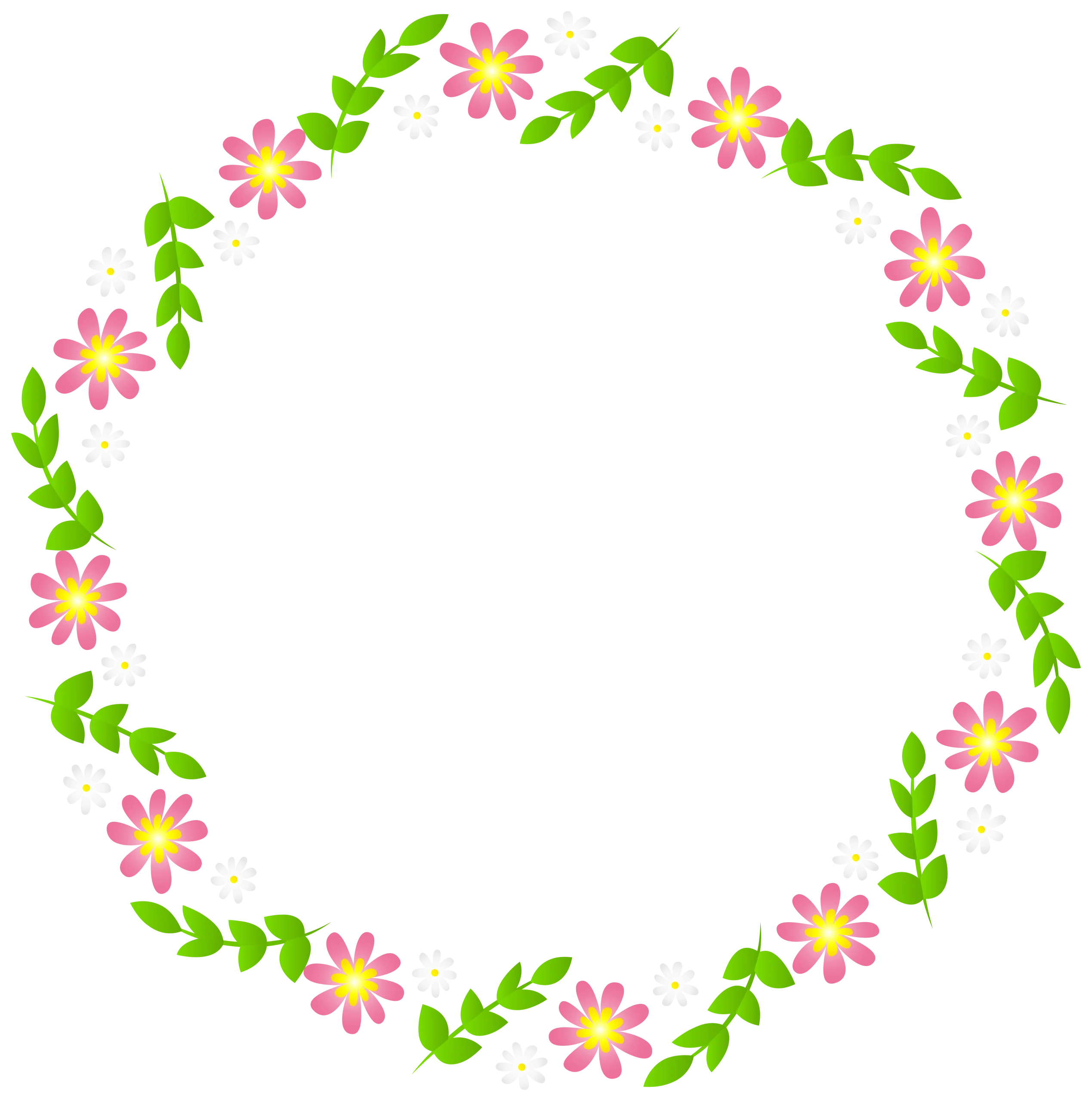 Delicate Floral Wreath Clipart: Pink Blossoms and Green Leaves Circular Frame