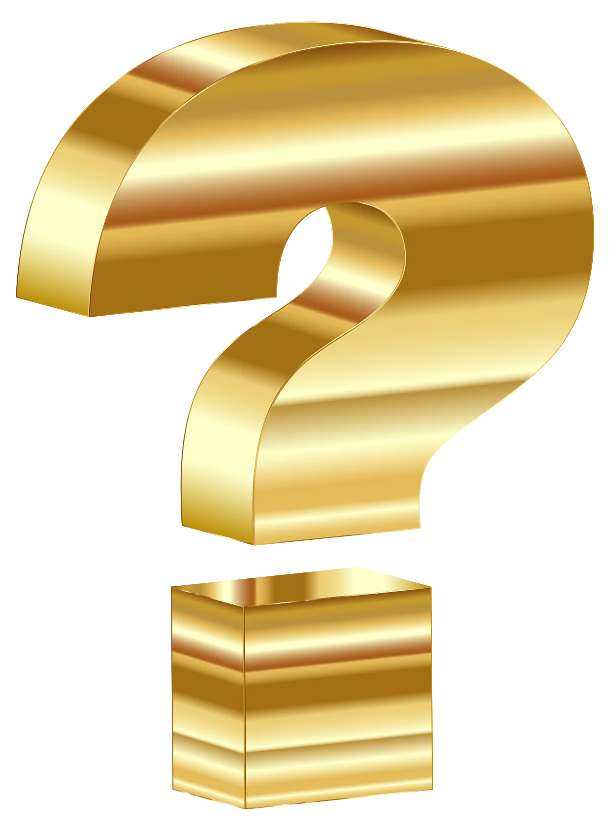 Golden 3D Question Mark Clipart with Metallic Shimmering Texture and Elegant Base