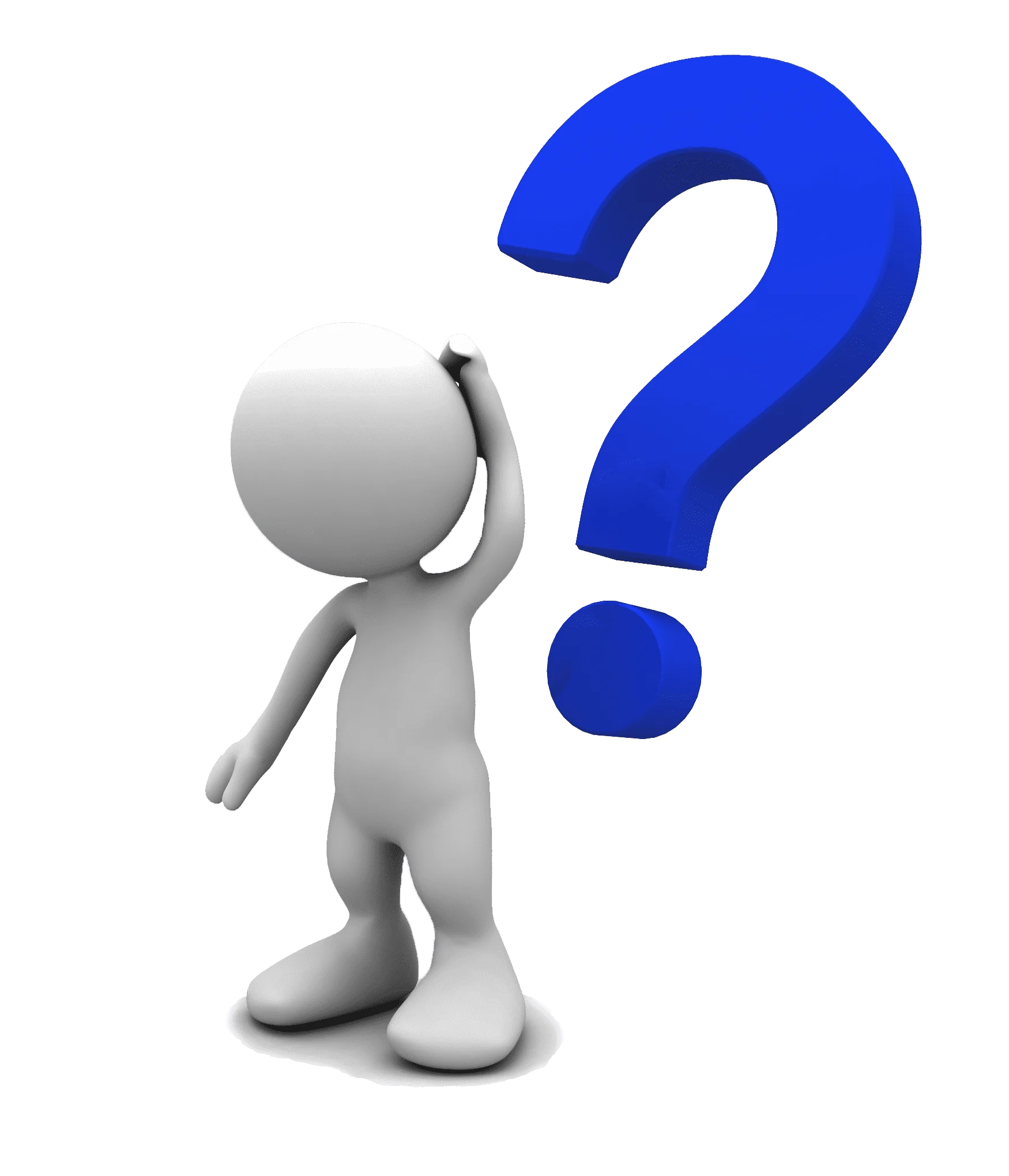 Thought-Provoking 3D Stick Figure Pondering with Oversized Blue Question Mark Clipart