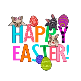 Adorable French Bulldogs Celebrating Easter with Colorful Eggs Clipart Design