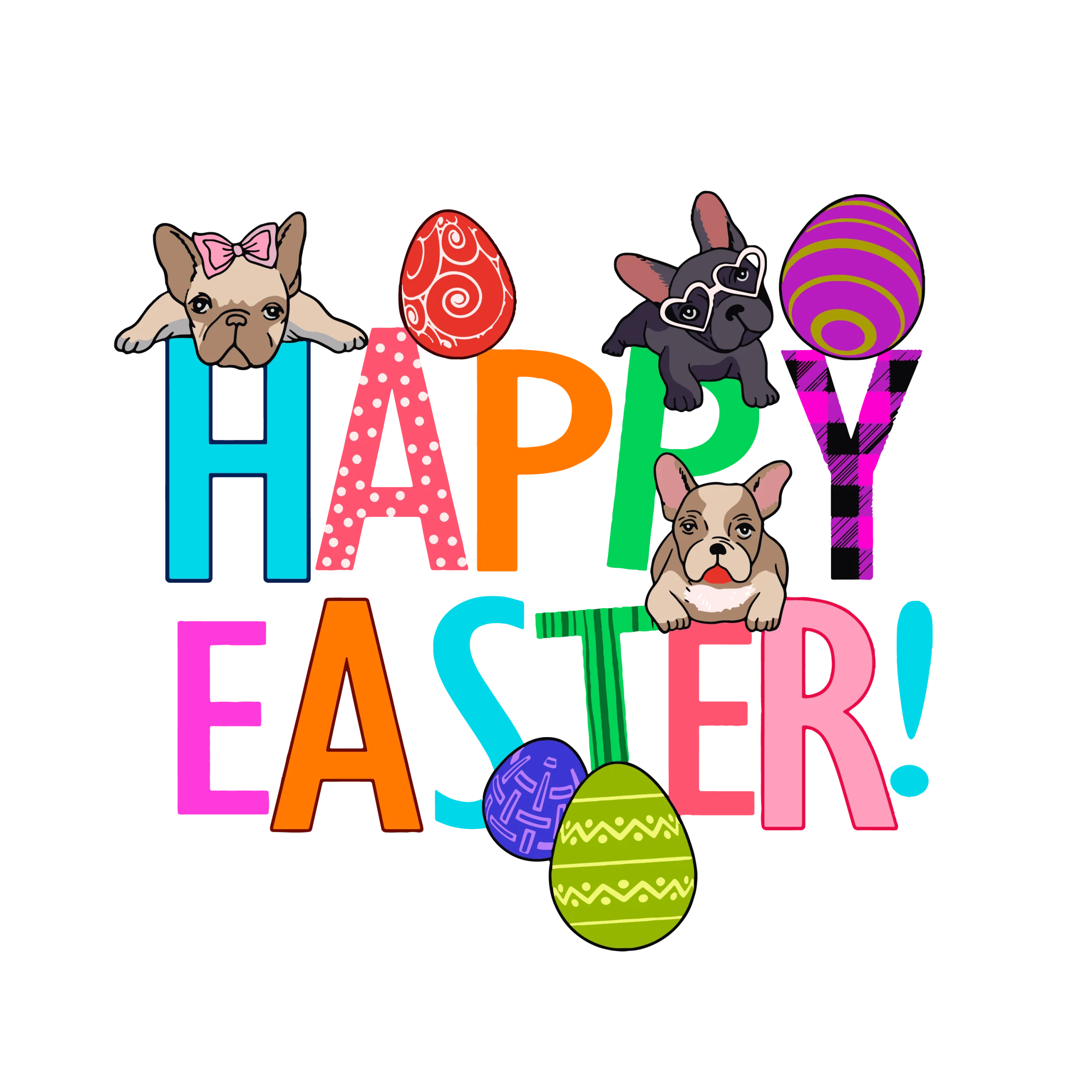 Adorable French Bulldogs Celebrating Easter with Colorful Eggs Clipart Design