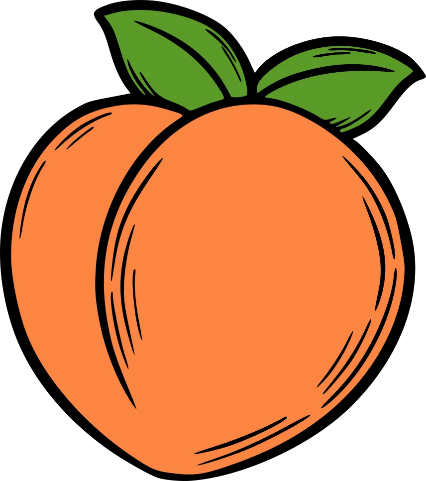 Charming Cartoon Peach Clipart with Verdant Leaves - A Delightful Fruity Illustration