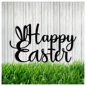 Elegant Black Happy Easter Clipart Sign with Bunny Ears on Wooden Background