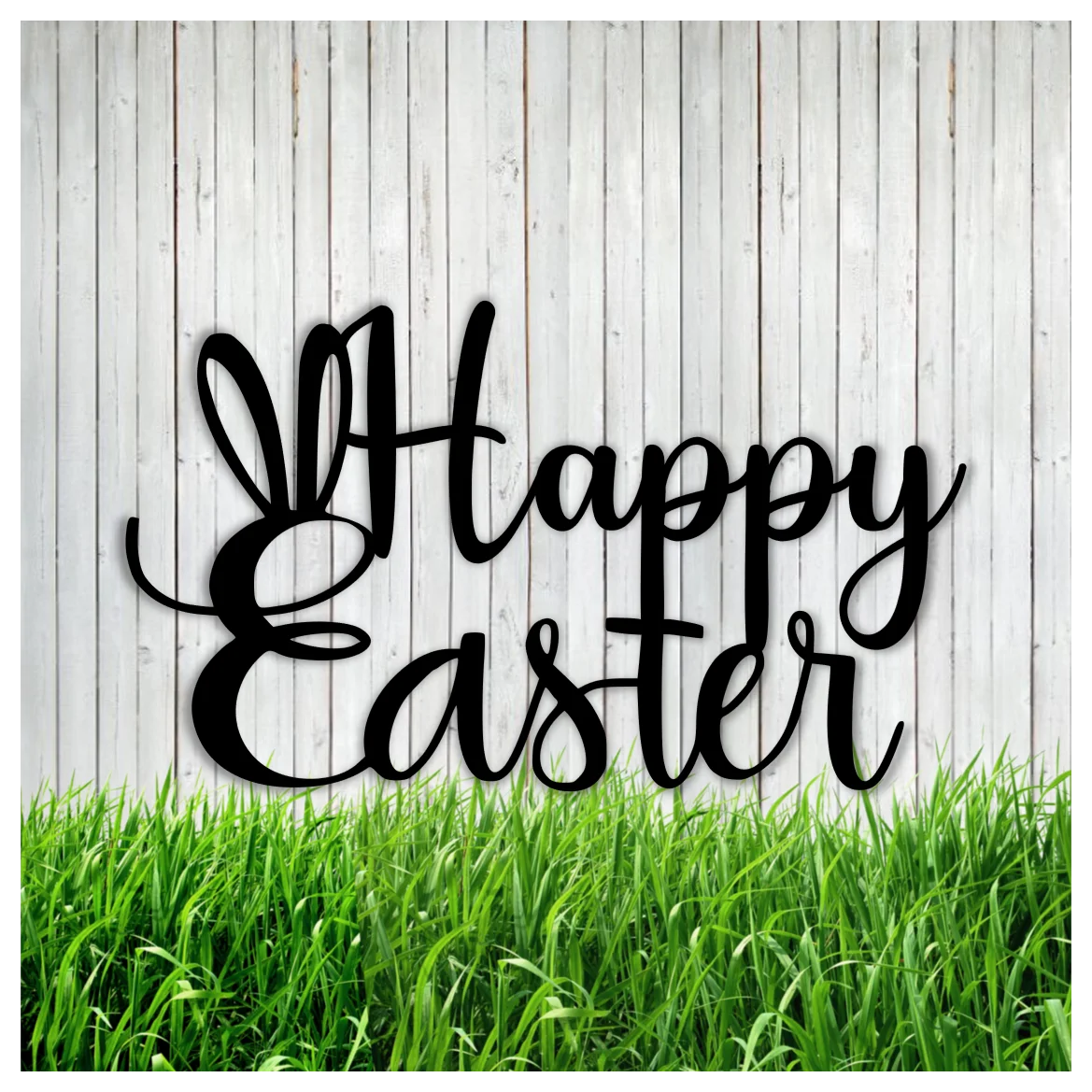 Elegant Black Happy Easter Clipart Sign with Bunny Ears on Wooden Background