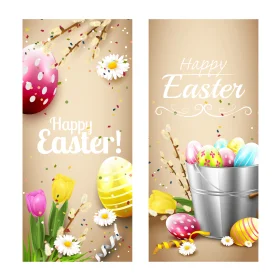 Festive Easter Clipart Featuring Colorful Eggs, Tulips, and Daisies on Soft Background