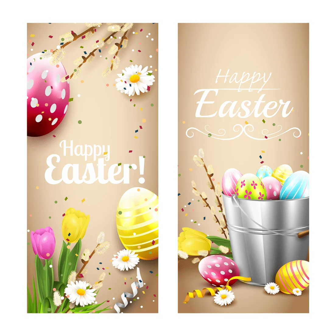 Festive Easter Clipart Featuring Colorful Eggs, Tulips, and Daisies on Soft Background