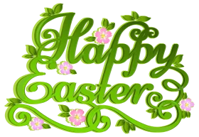Whimsical Green Flourishing Happy Easter Clipart with Delicate Pink Flowers