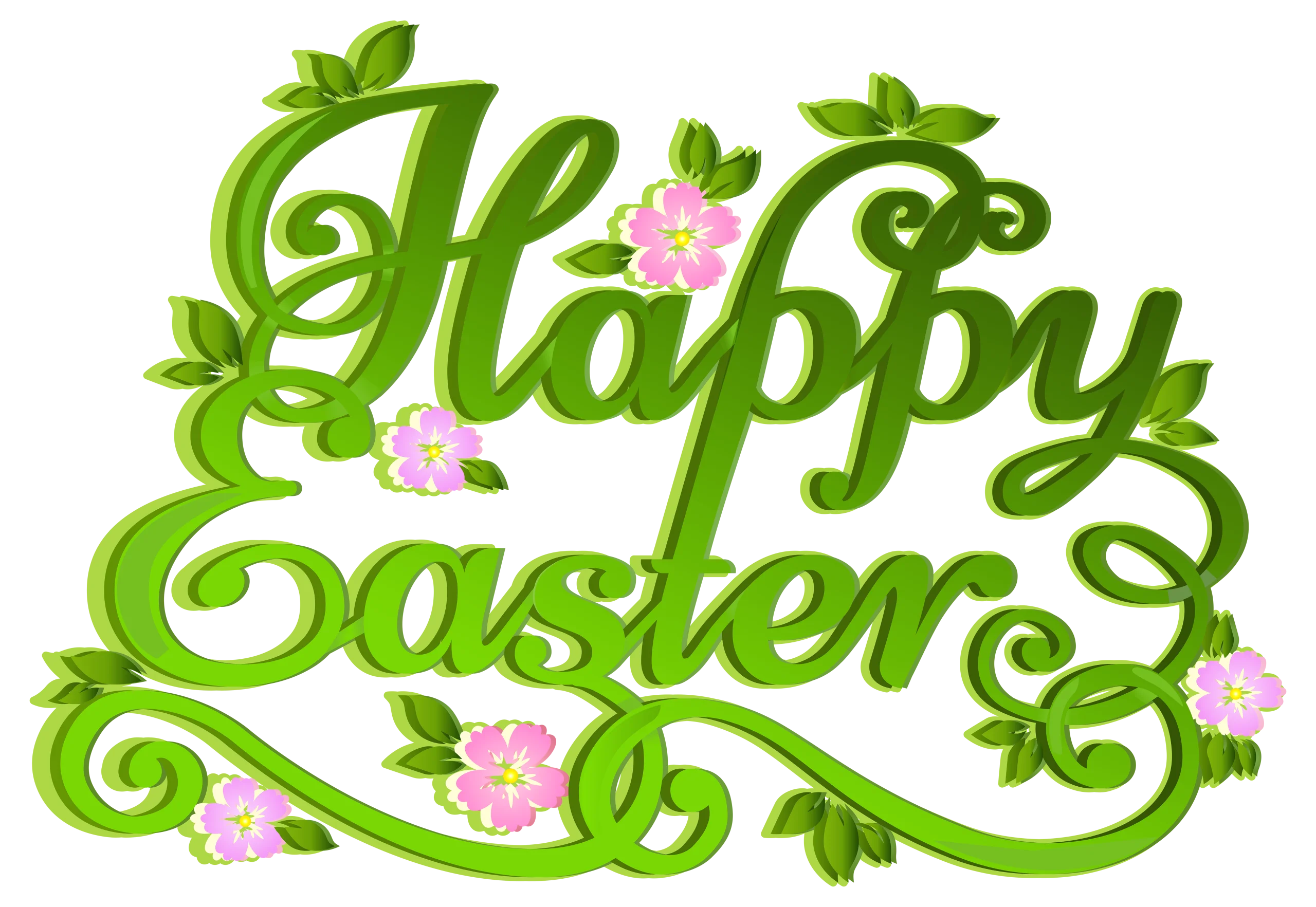 Whimsical Green Flourishing Happy Easter Clipart with Delicate Pink Flowers