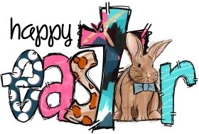 Whimsical Happy Easter Clipart Design with Playful Typography and Bunny