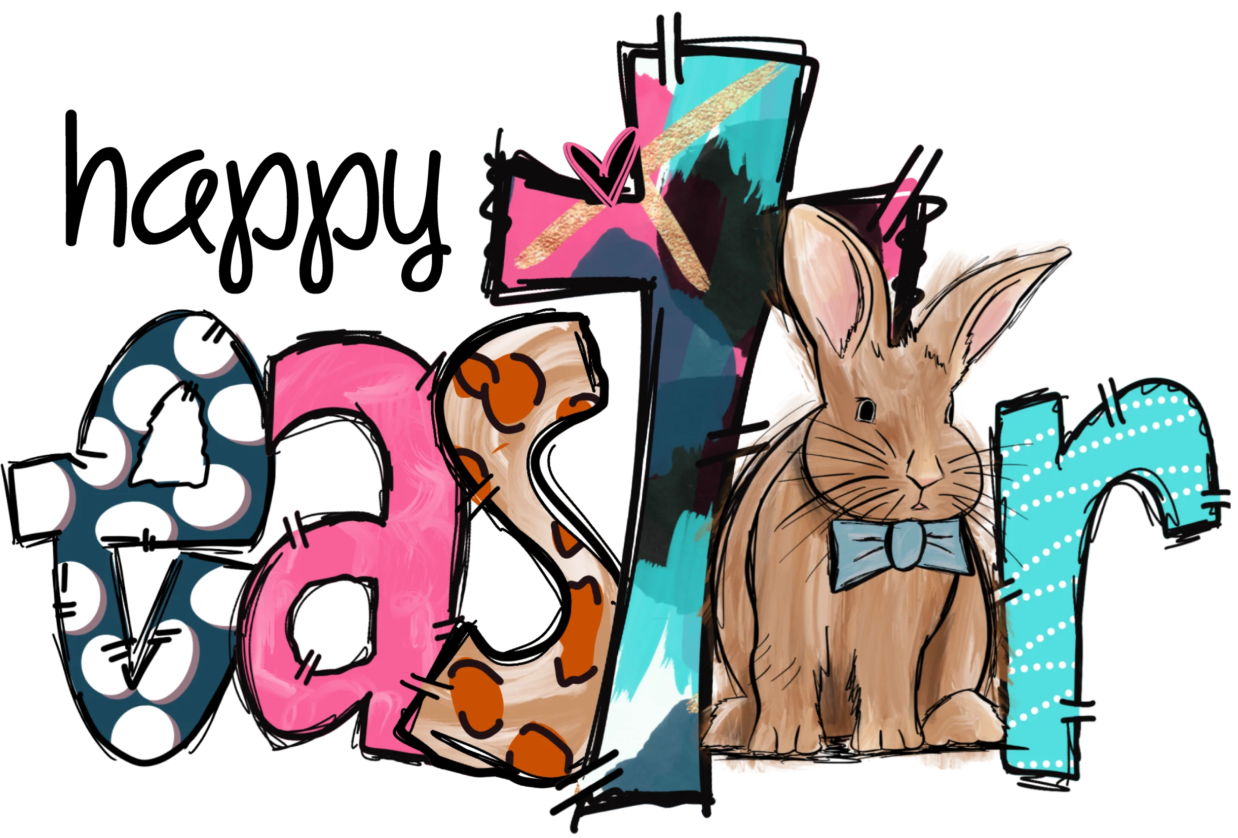 Whimsical Happy Easter Clipart Design with Playful Typography and Bunny