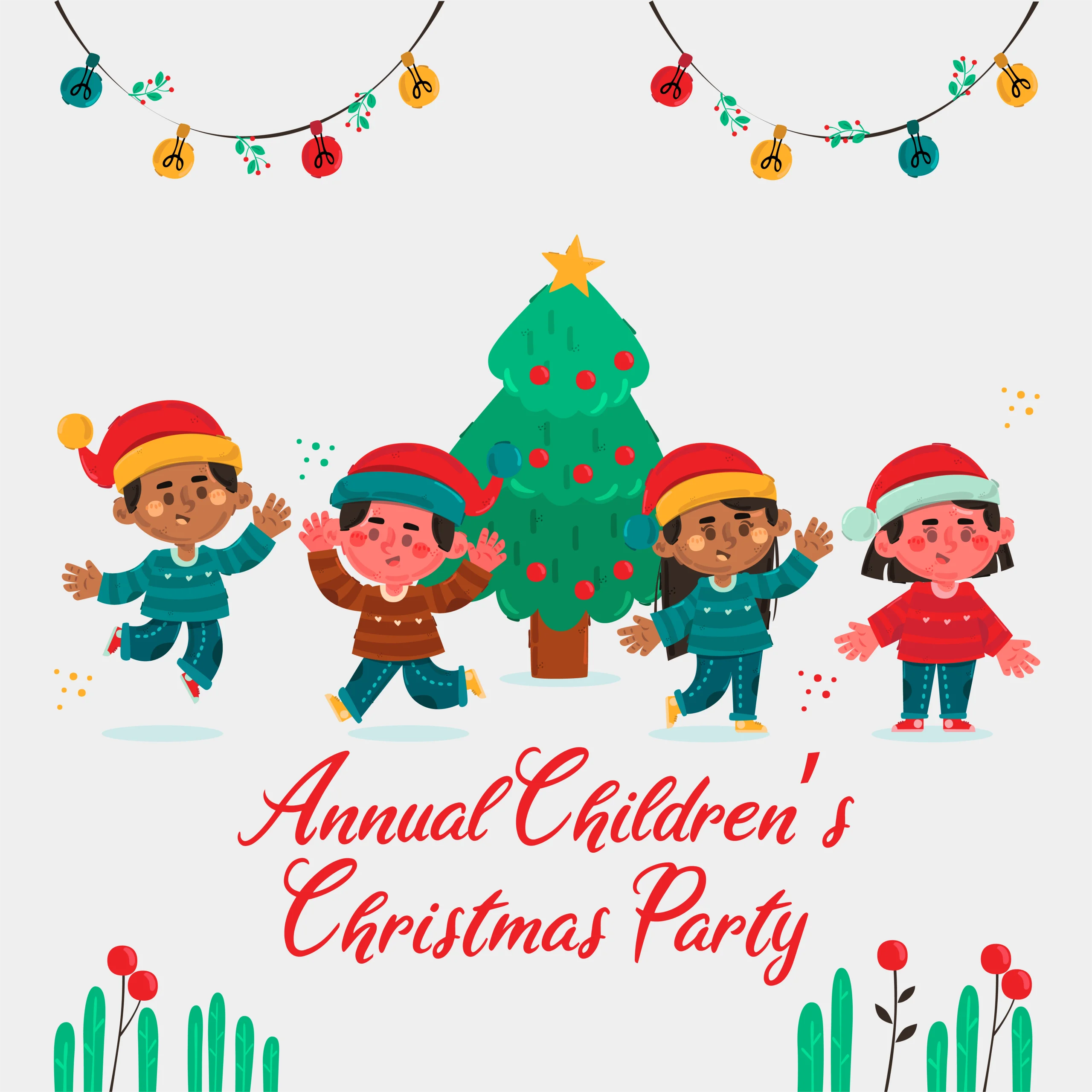 Festive December Clipart: Annual Children's Christmas Party Celebration Scene