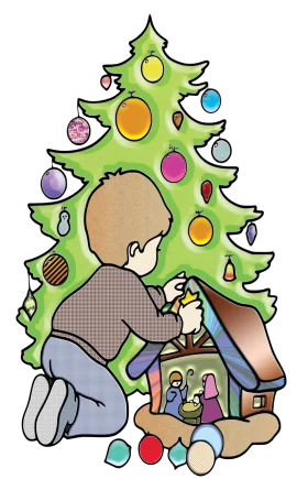 Festive Holiday Scene Featuring Christmas Tree Clipart with Nativity Display
