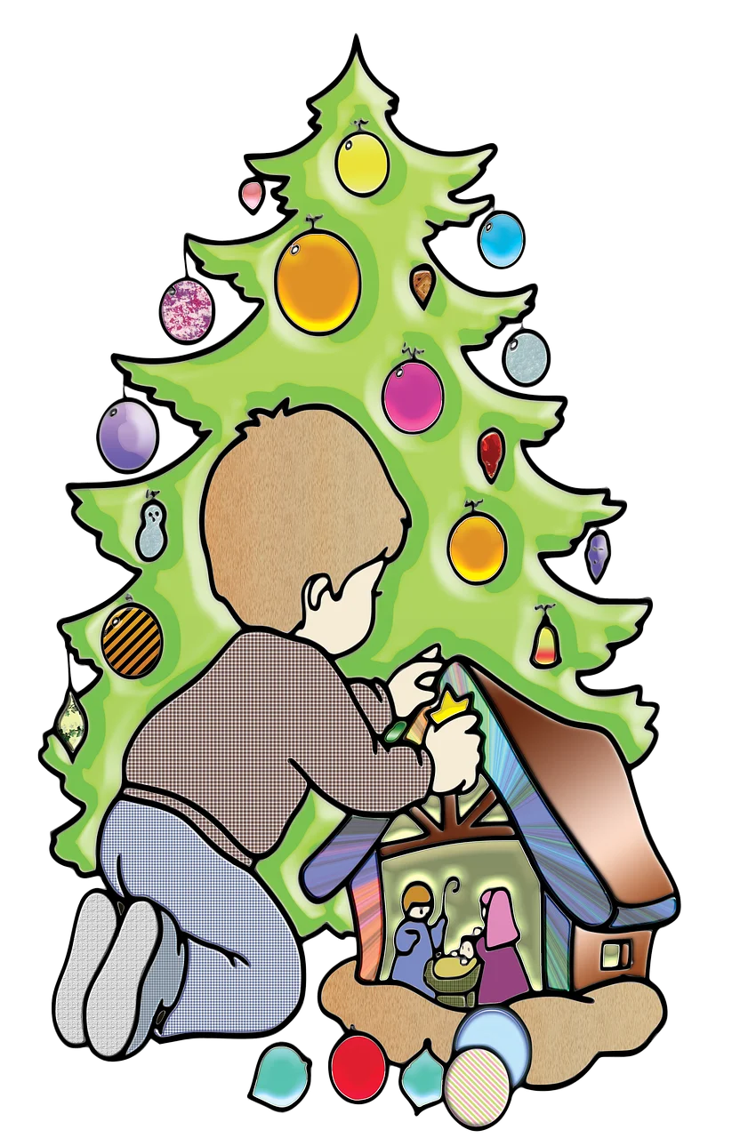 Festive Holiday Scene Featuring Christmas Tree Clipart with Nativity Display