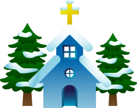 Serene Winter Landscape with Blue Church Clipart - Festive Holiday Scenery
