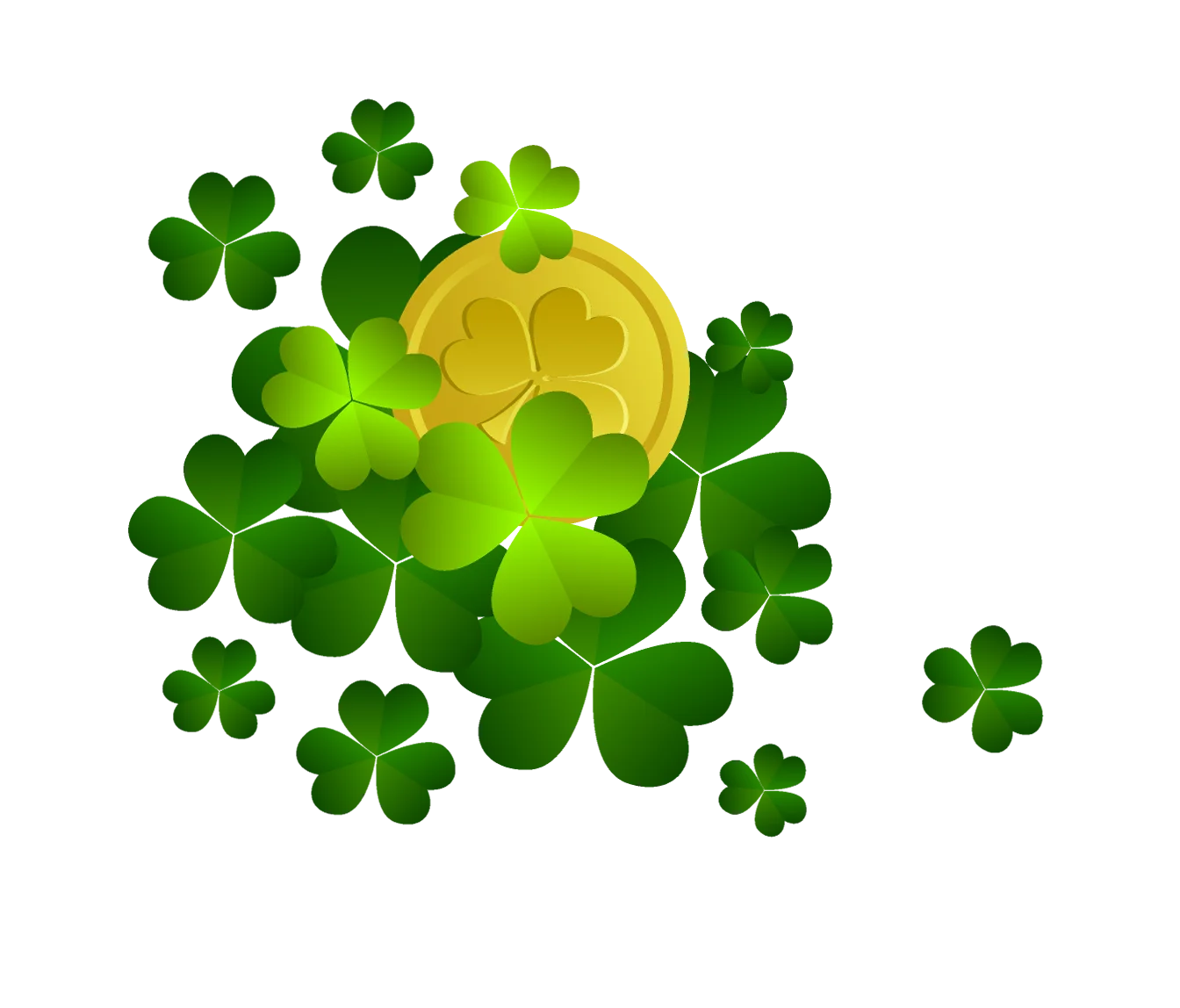 Lucky Golden Coin Surrounded by Lush Green Shamrock Clipart Design
