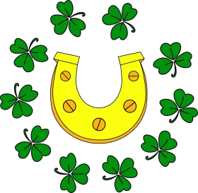 Lucky Golden Horseshoe Surrounded by Green Shamrock Leaves Clipart Design