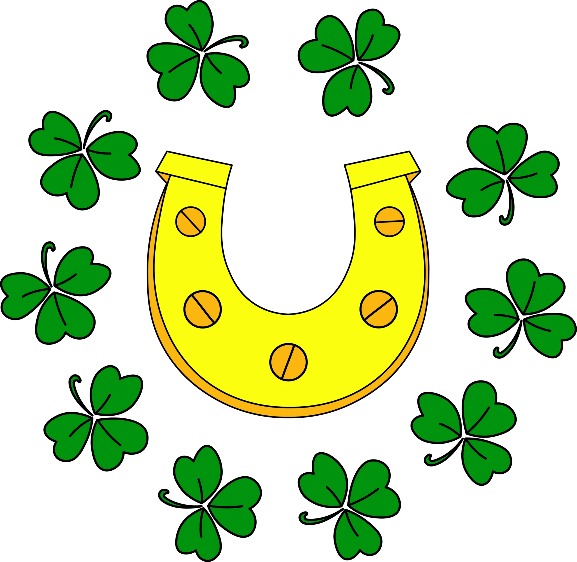 Lucky Golden Horseshoe Surrounded by Green Shamrock Leaves Clipart Design