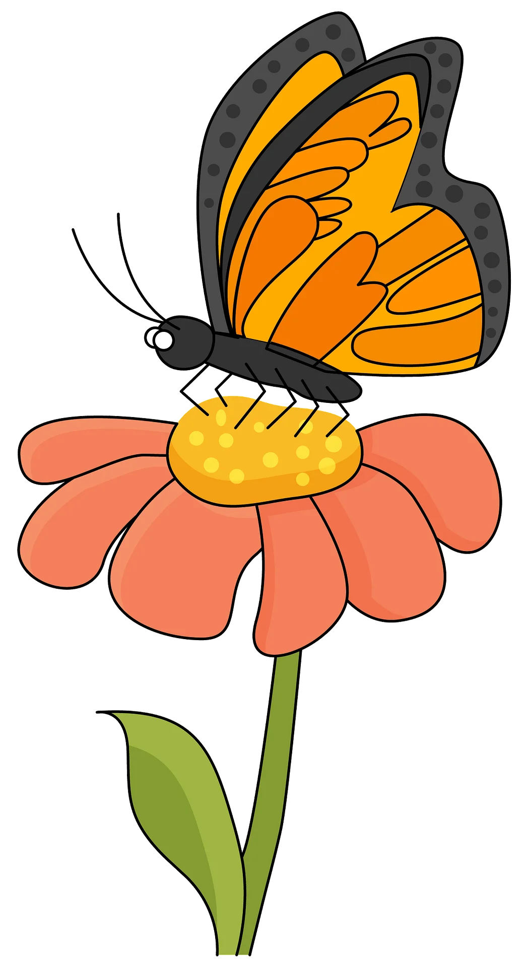 Cheerful Orange Butterfly Perched on a Coral Pink Flower Clipart Illustration