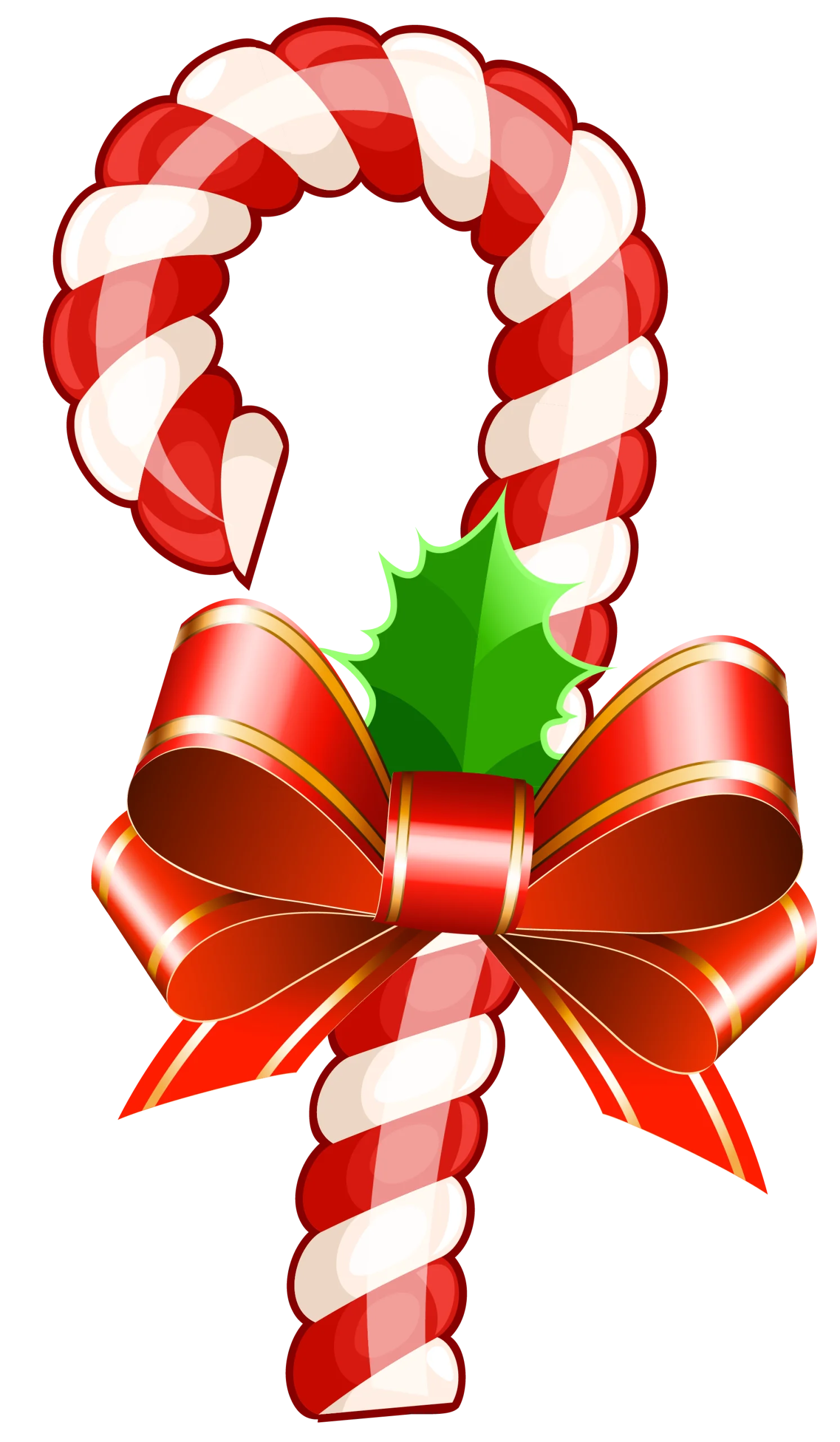 Festive Christmas Candy Cane Clipart with Elegant Red Ribbon and Holly Leaf