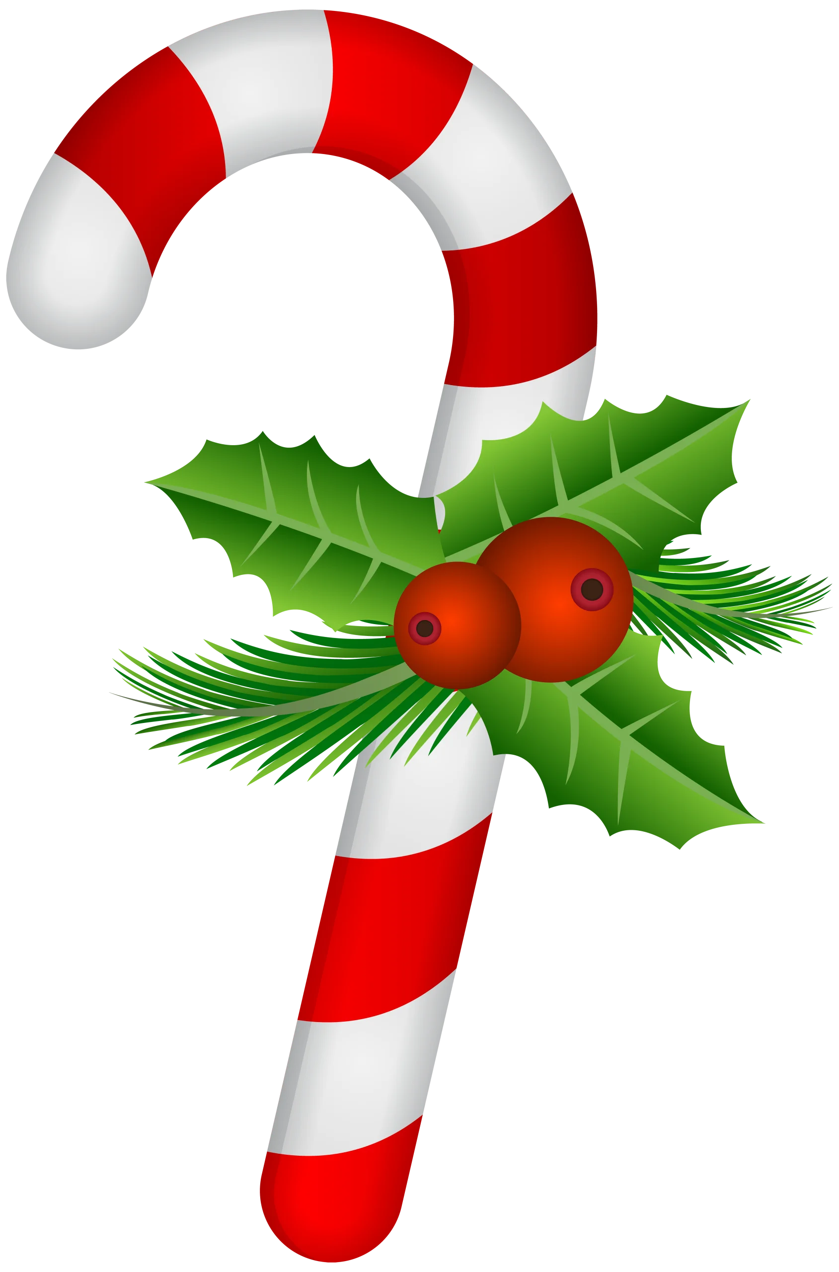 Festive Christmas Candy Cane Clipart with Holly and Pine Branches