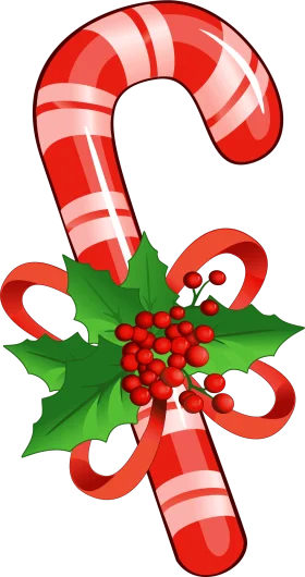 Festive Christmas Candy Cane Clipart with Holly Berries and Leaves Decoration