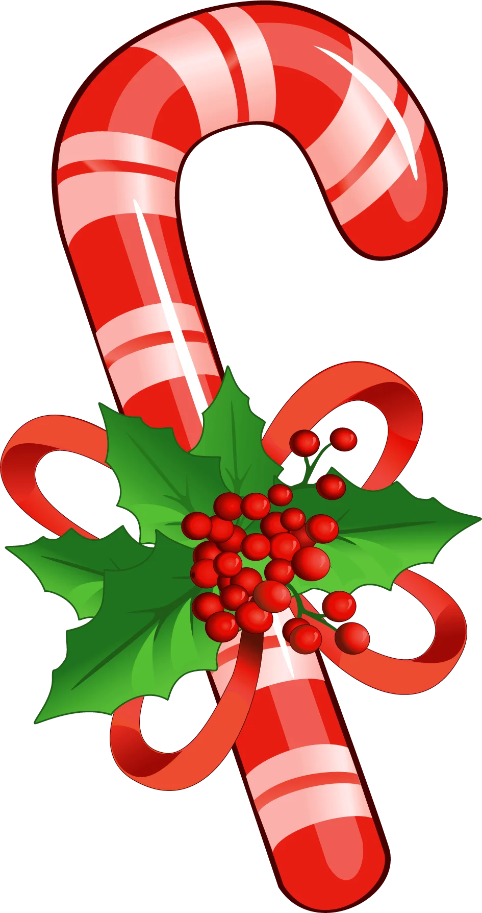 Festive Christmas Candy Cane Clipart with Holly Berries and Leaves Decoration