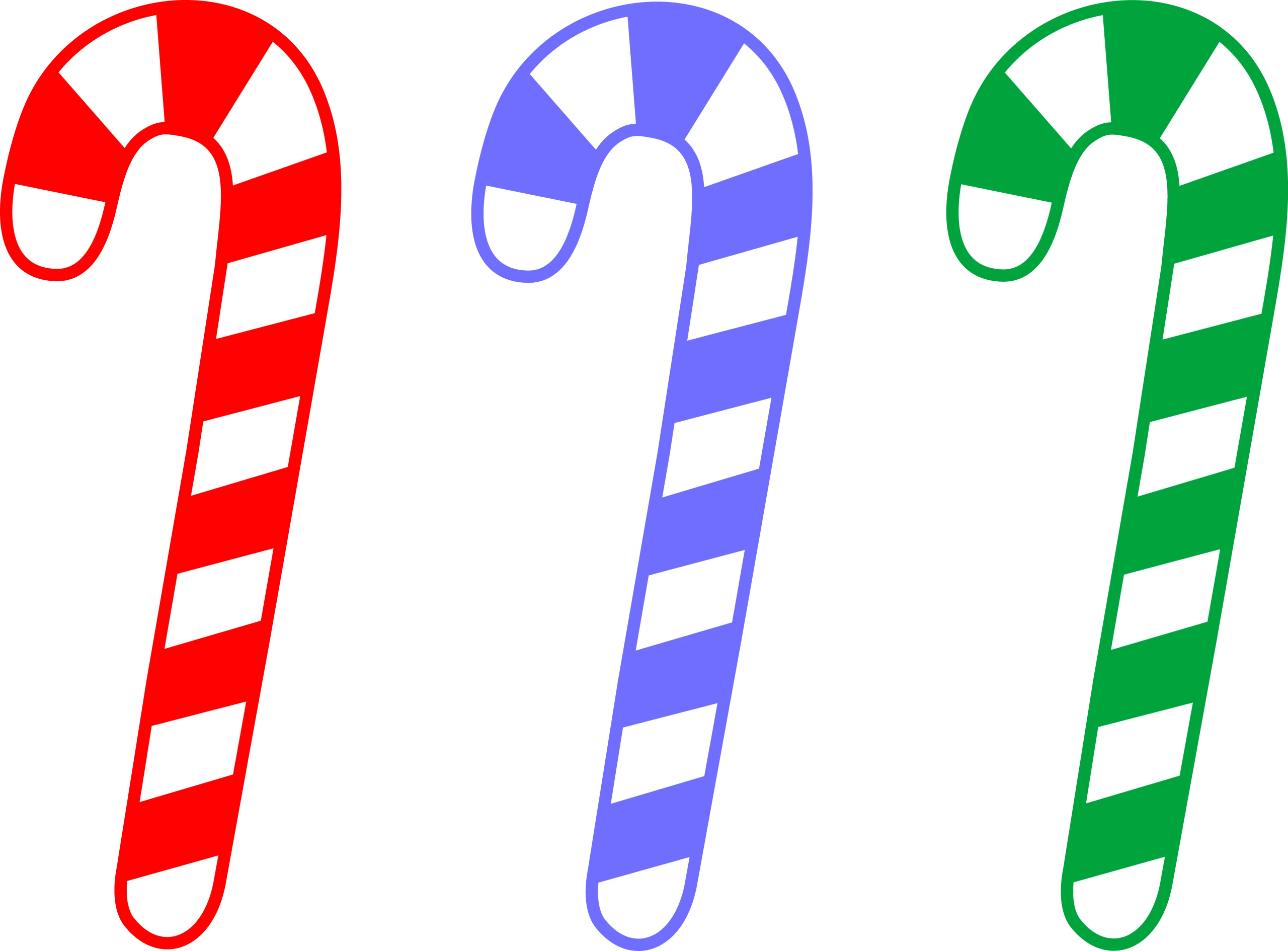 Festive Holiday Candy Cane Clipart Trio in Cheerful Red, Blue, and Green Colors