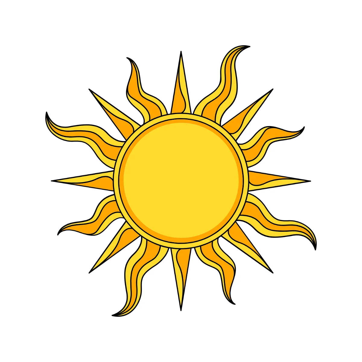 Radiant Golden Sunshine Clipart with Swooping Pointed Sun Rays