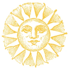 Whimsical Golden Sun Clipart Design with Radiant Anthropomorphic Facial Expression