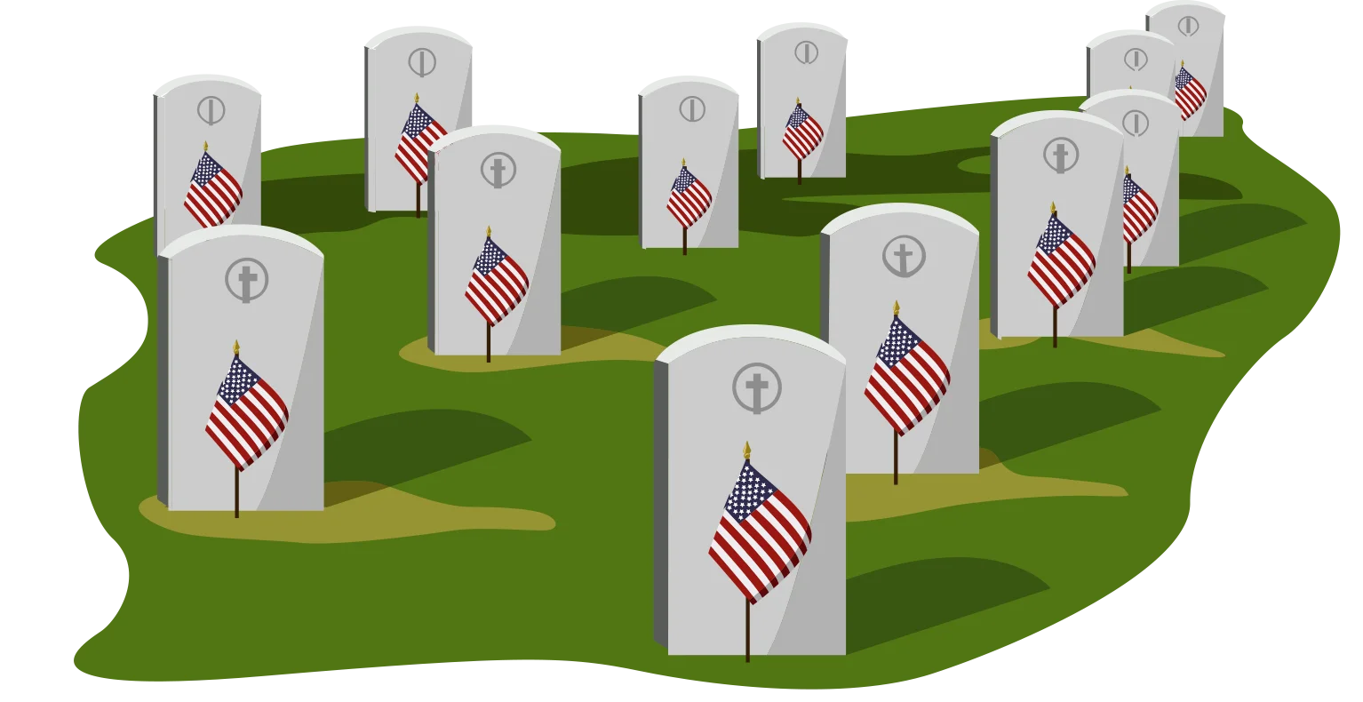 Somber Memorial Day Tribute Clipart with Military Gravesites and American Flags