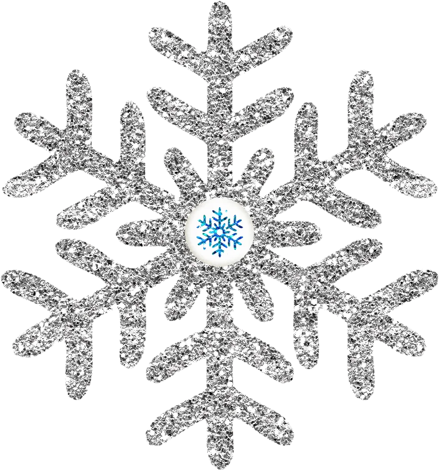 Elegant Silver Glitter Snowflake Clipart with Frosty Blue Center Design