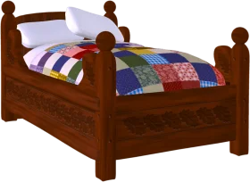 Charming Wooden Bed with Colorful Patchwork Quilt Clipart Illustration