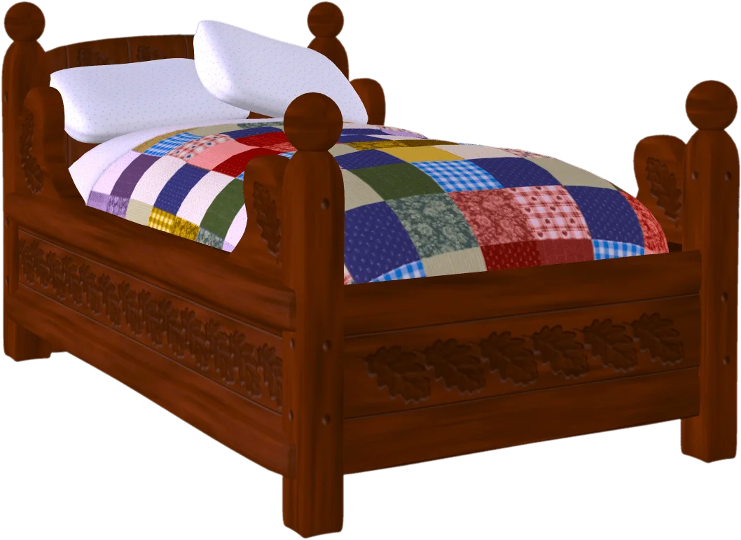 Charming Wooden Bed with Colorful Patchwork Quilt Clipart Illustration
