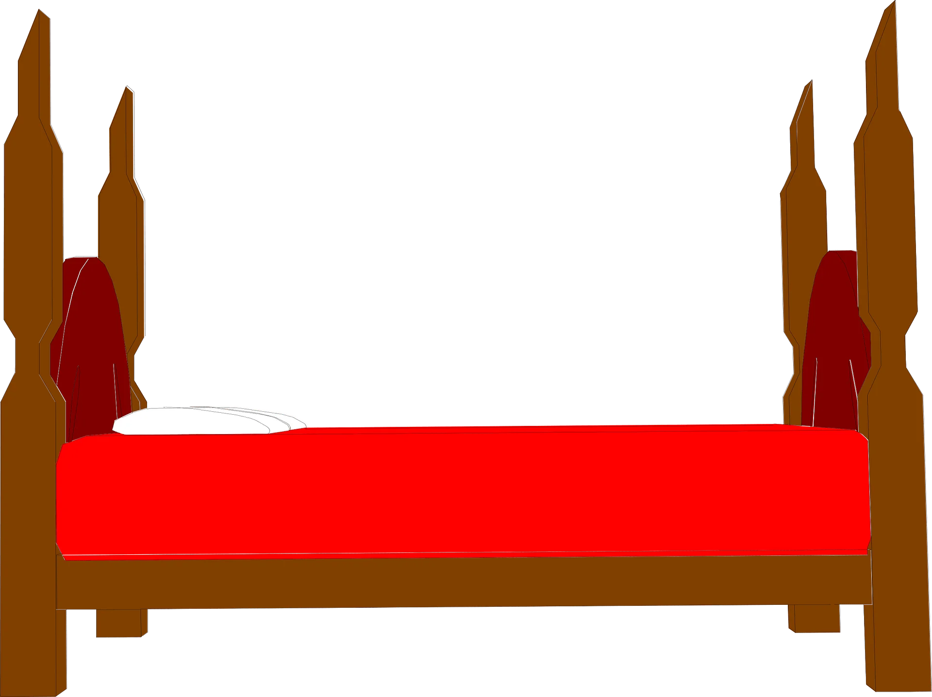Classic Four-Poster Wooden Bed Frame with Red Mattress Clipart Illustration
