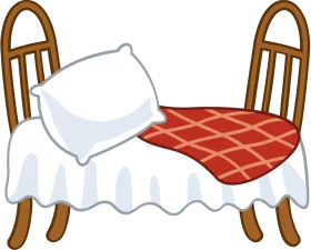 Cozy Wooden Bed Frame with Soft White Sheets and Checkered Red Blanket Clipart