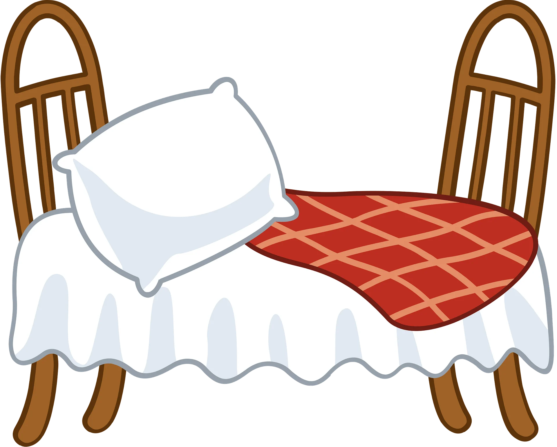 Cozy Wooden Bed Frame with Soft White Sheets and Checkered Red Blanket Clipart